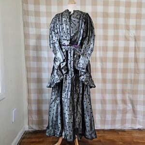 Antique‎ Victorian 1870s Black Silver Silk Taffeta 2 Piece Day Dress Corset M